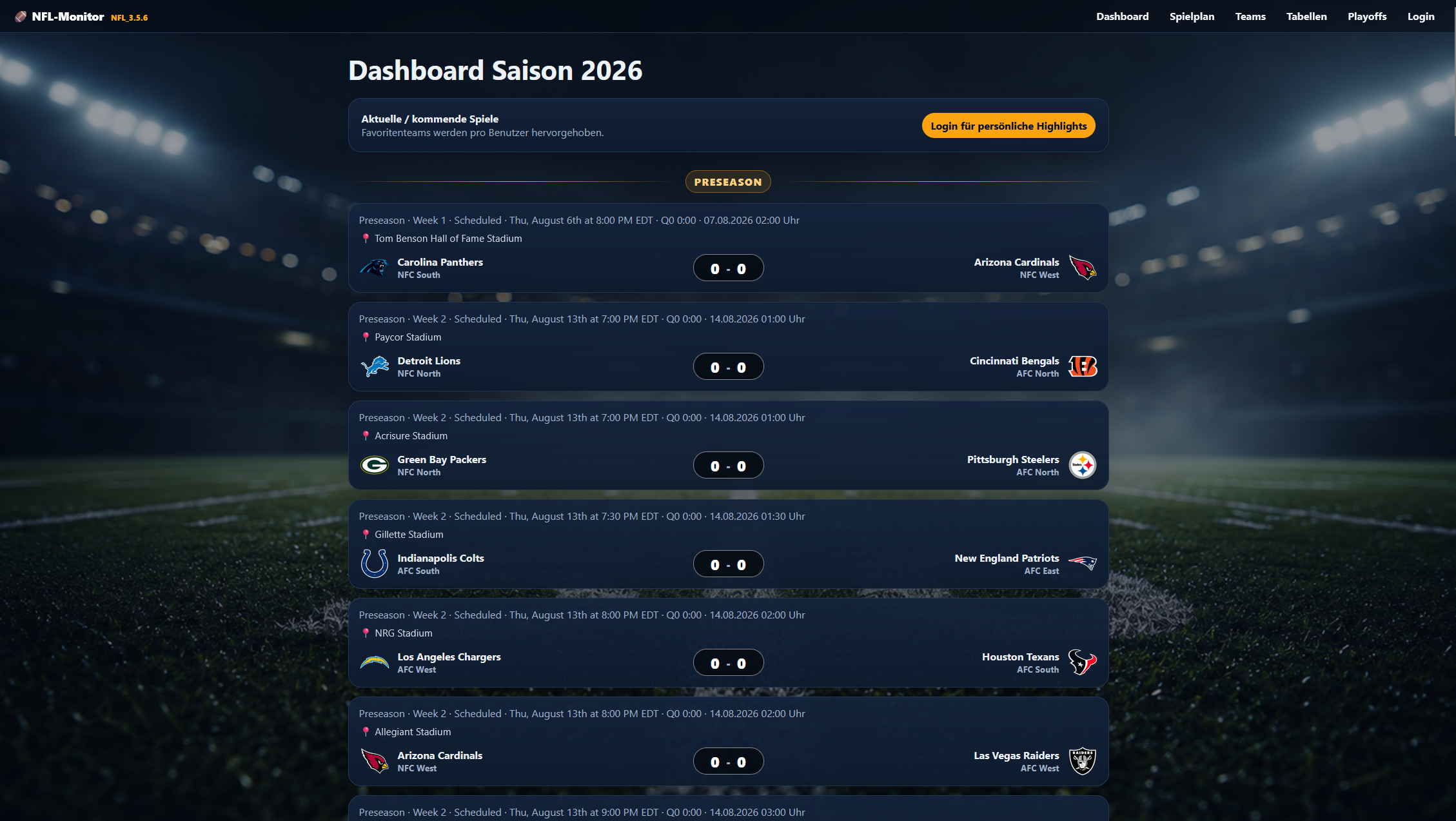 NFL-Monitor – Dashboard